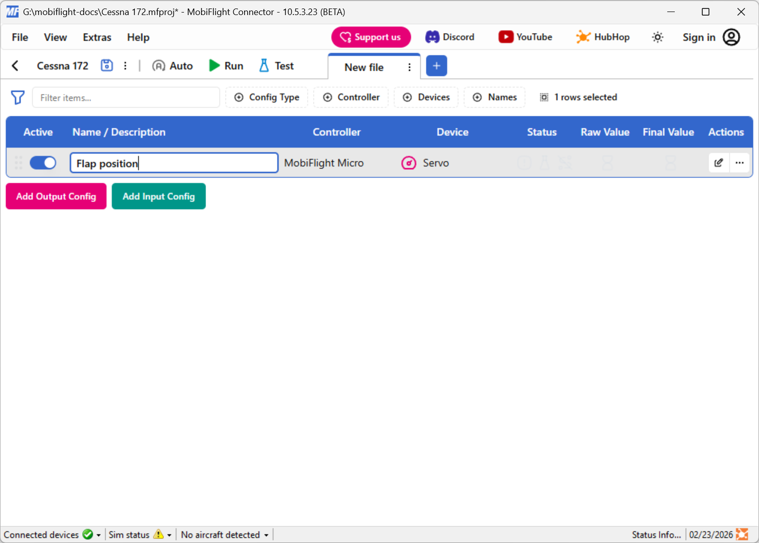 Screenshot of the main window with Flap position entered as a custom name.