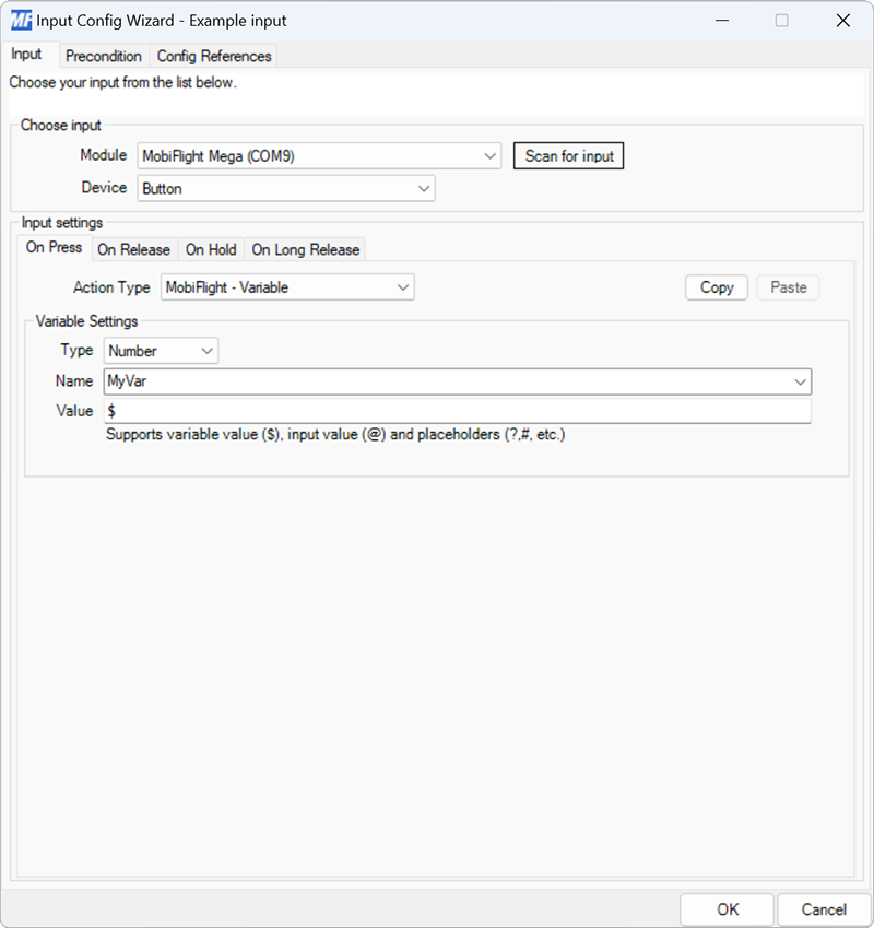 Screenshot of a button input with the MobiFlight - Variable input action type selected.