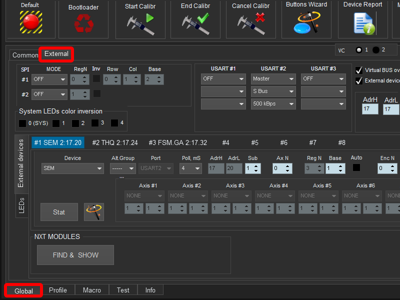 Location of the Global and External tabs.