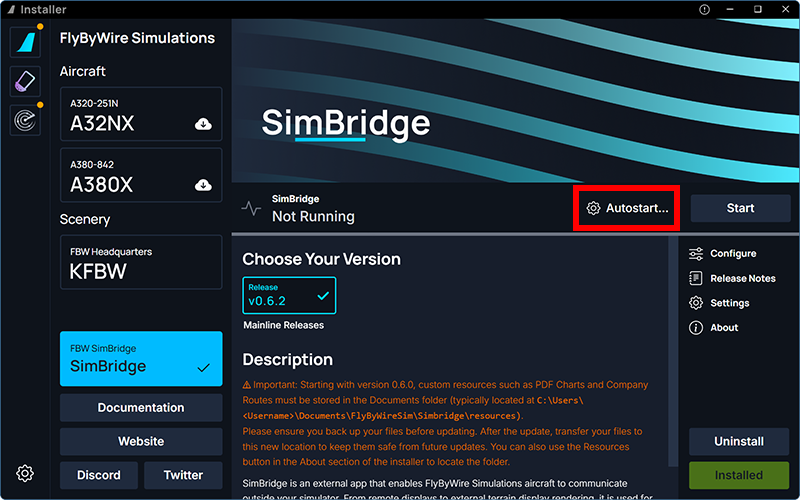 Screenshot of the FlyByWire installer with the Autostart... button highlighted.