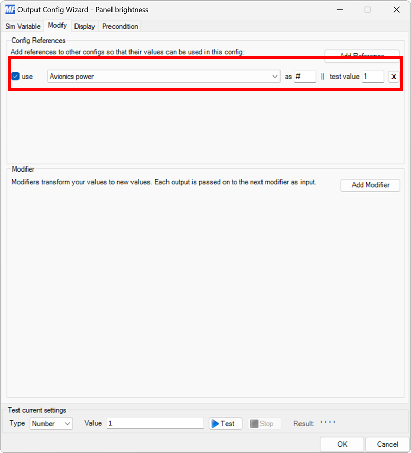 Screenshot of an output configuration with a configuration reference added on the Modify tab.